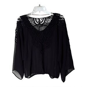 Sanctuary Black Crochet Lace Peasant Top With Flowy Kimono Sleeves Size Large